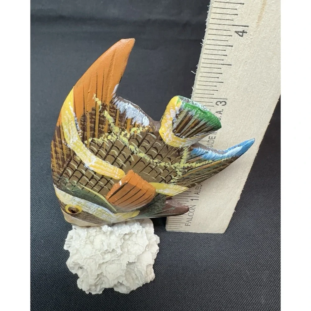 Hand Carved & Painted Wooden Angel Fish Mounted On Faux Natural Coral 4